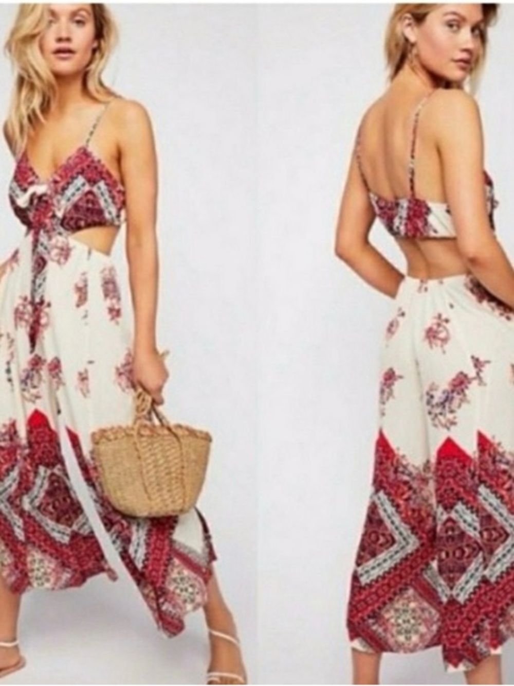 Free People Cream Maxi Dress with Red Floral Print